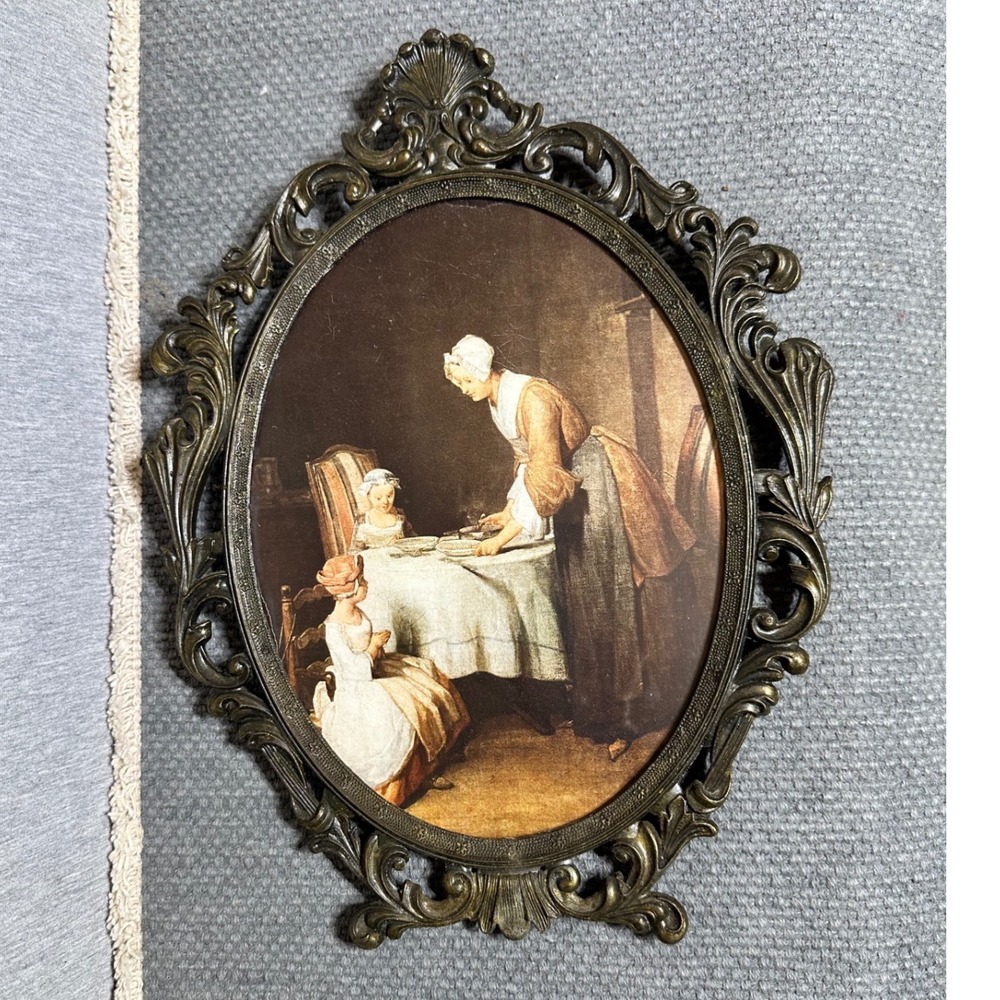 VTG Made in Italy Ornate Brass Oval Frame Chardin Saying Grace Print 11"